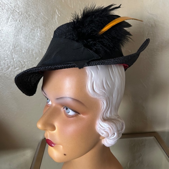 EYE-CATCHING 194Os\' BLACK STRAW FEDORA + WIDE BAND & YELLOW/BLACK FEATHERS main image 11